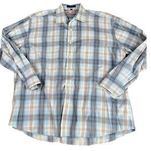 Alan Flusser Plaid Button Down Shirt Men's XL Blue Tan 100% Cotton Long Sleeve